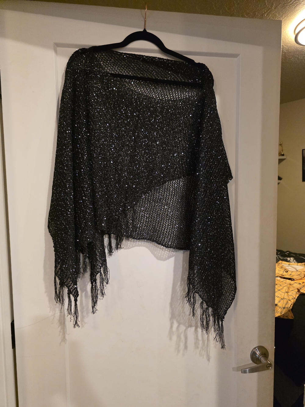 Black Sparkle Fringe Poncho Wrap - Women Accessories